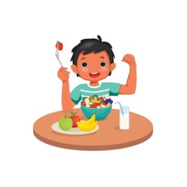 A boy eating strawberries and showing his strength cartoon style