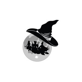Vector moon wearing witch hat with three witches silhouette