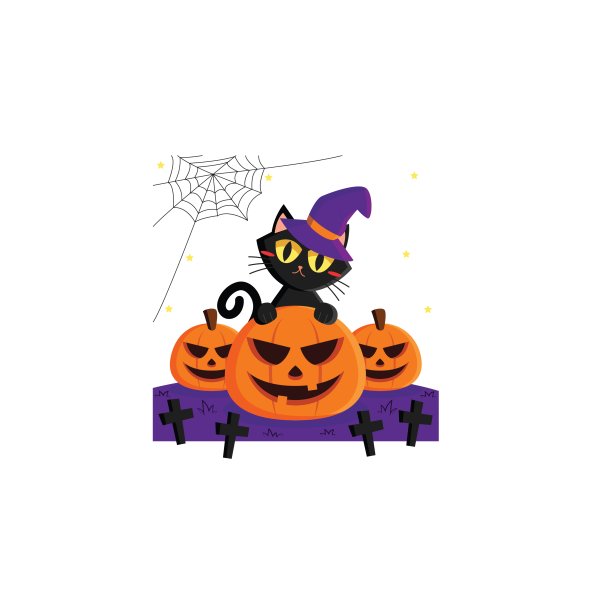 Black cat wearing hat sitting on a scary pumpkin for Halloween vector ...