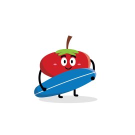 Cute cartoon tomato holding surfing board