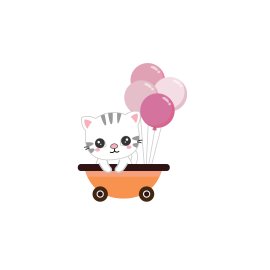 Cute cat lying on a trolley holding balloons
