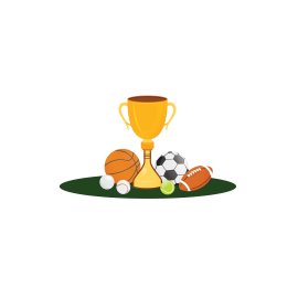 Vector basketball American ball tennis ball cricket ball and football with trophies