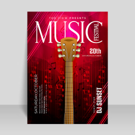 Music event flyer with realistic guitar vector
