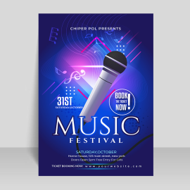 Vector music festival flyer with realistic mic template