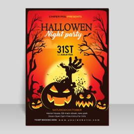 Halloween night party poster template, Halloween night party yellow orange poster eps