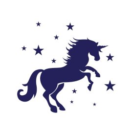 Blue unicorn silhouette with stars on the background