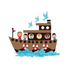 Pirate kids on the ship png blue waves blue birds