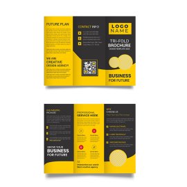 Yellow abstract trifold brochure black geometric shape design