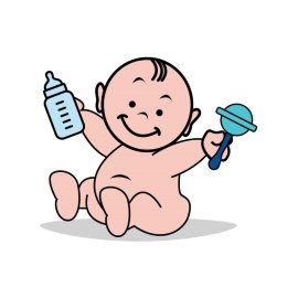 Cute cartoon baby with feeding milk bottle and rattle