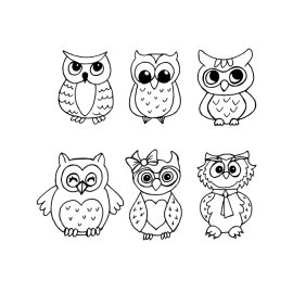 Cute doodle owl set png outline style characters vector