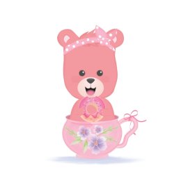 Cute pink bear sitting on a cup eating donut png