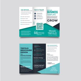 Green trifold brochure abstract design with qr code