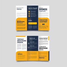 Vector trifold business brochure with yellow abstract shapes