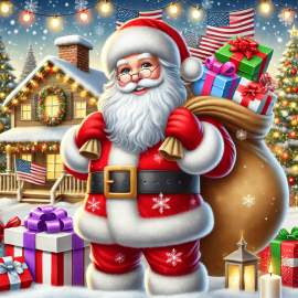 A cheerful Santa Claus holding a large sack of gifts in a snowy setting, surrounded by festive decorations like Christmas trees and twinkling lights.