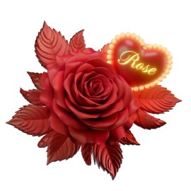 A full 3D photograph of a red rose with a tiny red heart next to it.