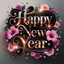 A digital image of the name Happy New Year font is adorned with luxurious swirling curves and an elegant black gold ribbon.