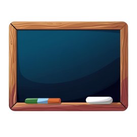 A clean, clear illustration of a blank chalkboard with chalk pieces. The chalkboard has a wooden frame and is placed on a stand.