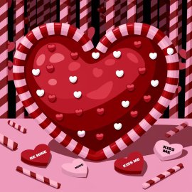 Red heart with a VALENTINE'S DAY theme. The heart is made of candy and is placed on a table.