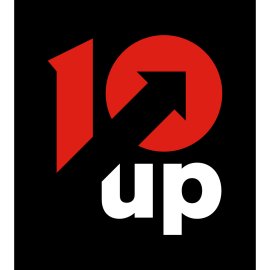 10up Logo Vector PNG | Bold red and white wordmark on black background | Upward arrow symbolizing growth and progress | Modern minimalist digital agency emblem
