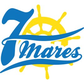 7 Mares Nautical Brand Logo | Ocean-Inspired 7 Mares Emblem | Maritime 7 Mares Visual Identity | 7 Mares Ship Wheel and Script Wordmark