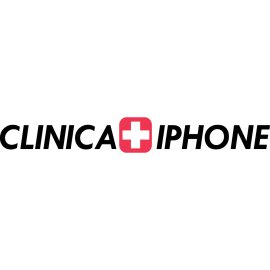 Clinica iPhone logo in bold modern typography|Red medical cross icon symbolizing repair and care|Clean minimalist design focused on smartphone services|Professional brand mark for specialized iPhone support