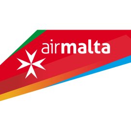 Air Malta brand emblem with dynamic ribbon design|Contemporary airline logo featuring the Maltese cross|National carrier visual identity inspired by Malta’s flag colors|Air Malta wordmark in bold white against vibrant red background