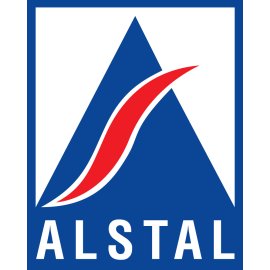 ALSTAL corporate emblem vector | ALSTAL blue mountain logo png | ALSTAL red dynamic path symbol | ALSTAL construction and engineering brandmark