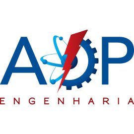 AOP Engenharia logo vector PNG with dynamic industrial identity|High-tech engineering emblem featuring cogwheel, atom and lightning bolt|Visual symbol of Brazilian engineering innovation and energy solutions|Modern corporate mark representing power, precision and technology
