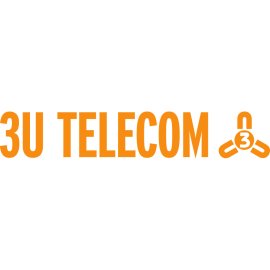 3U TELECOM modern wordmark logo|Minimalist orange corporate telecom emblem|Clean sans serif lettering with circular tri‑arm symbol|Contemporary communication brand identity design