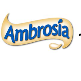 Ambrosia Logo Vector PNG | Creamy Script Ambrosia Branding | Blue Wordmark on Golden Swirl | Ambrosia Dessert Brand Emblem
