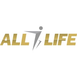 ALL LIFE modern emblem | Dynamic human figure wordmark | Gold and silver lifestyle brand logo | Minimalist active living identity