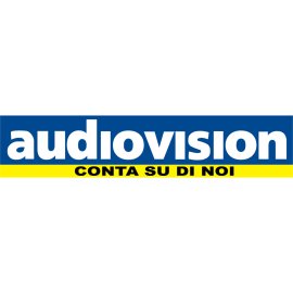 Audiovision Logo Vector PNG | Bold Retail Electronics Branding | Blue and Yellow Wordmark Design | Audiovision Conta Su Di Noi Slogan Lockup