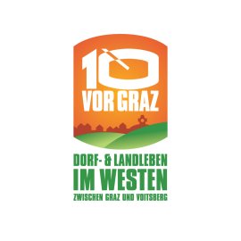 10 VOR GRAZ countryside identity|Village and rural life between Graz and Voitsberg|Sunset horizon over western Styrian hills|Regional tourism and community branding emblem