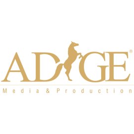 Adige Media & Production Logo Vector | Elegant rearing horse emblem in gold | Premium media and production branding mark | Classic typographic wordmark with iconic equine symbol