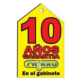Promotional 10-year warranty badge for Frikko products|Bold Spanish-language guarantee label focused on longevity and reliability|Bright attention‑grabbing hanging tag design for retail display|Frikko brand emblem integrated within a strong numerical warranty message