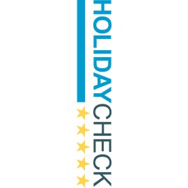 HolidayCheck vertical wordmark | Travel rating and review emblem | Five-star holiday evaluation symbol | Modern tourism trustmark design