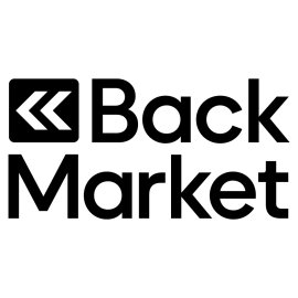 Back Market Logo Vector PNG | Modern circular wordmark with bold geometric typography | Minimalist black-and-white emblem for refurbished electronics marketplace | Iconic double-chevron symbol suggesting rewind, renewal, and going back to better tech