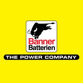 Banner Batterien Logo Vector PNG | Dynamic Bull Power Emblem | High-Visibility Automotive Battery Branding | Bold Yellow and Red Energy Symbol