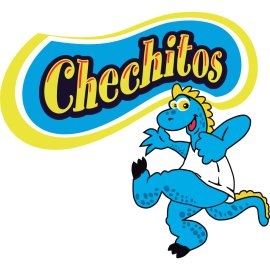 Chechitos playful mascot logo | Bright and energetic snack brand emblem | Blue dinosaur character branding | Fun and youthful Chechitos identity