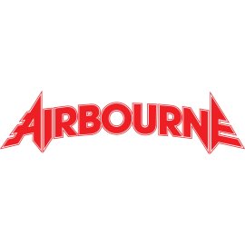 Airbourne emblem in bold red lettering|Dynamic arched wordmark with sharp angular edges|Rock-inspired logo conveying energy and motion|Iconic stylized typography suggesting speed and power