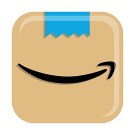 Amazon package icon | Smiling delivery box emblem | Modern ecommerce app symbol | Curved arrow brand mark