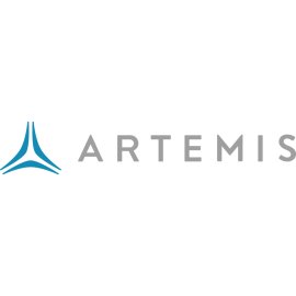Artemis Logo Vector PNG | Modern Artemis wordmark with abstract emblem | Minimalist blue tri-point symbol and gray typography | Clean corporate Artemis branding design