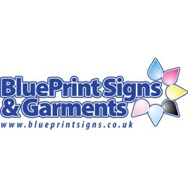 BluePrint Signs & Garments Logo Vector PNG | Professional Signage and Garment Branding Emblem | CMYK Colour Drop Icon Design | Modern UK Printing Services Brandmark