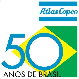 Atlas Copco 50 Anos de Brasil anniversary emblem|Commemorative logo celebrating half a century of Atlas Copco in Brazil|Visual fusion of Atlas Copco corporate identity with Brazilian national colors|Symbolic mark highlighting innovation, reliability, and long-term partnership with Brazilian industry